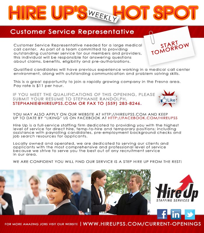 customer service representative job opening fresno hire up staffing now hiring